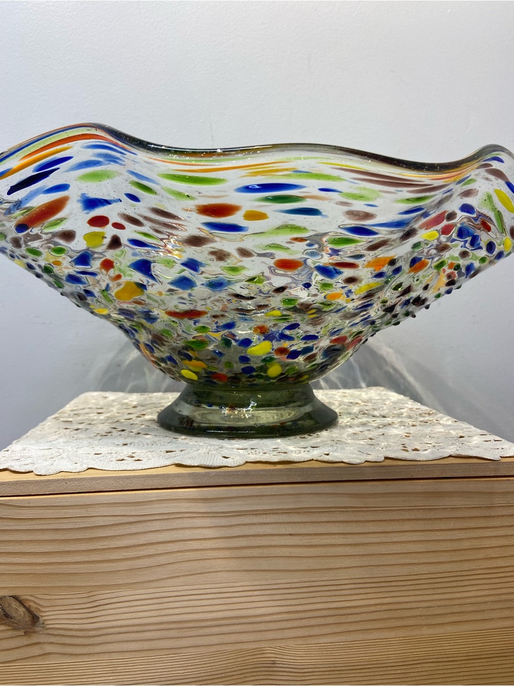 Hand Blown Studio Art Glass Confetti Pedestal Bowl